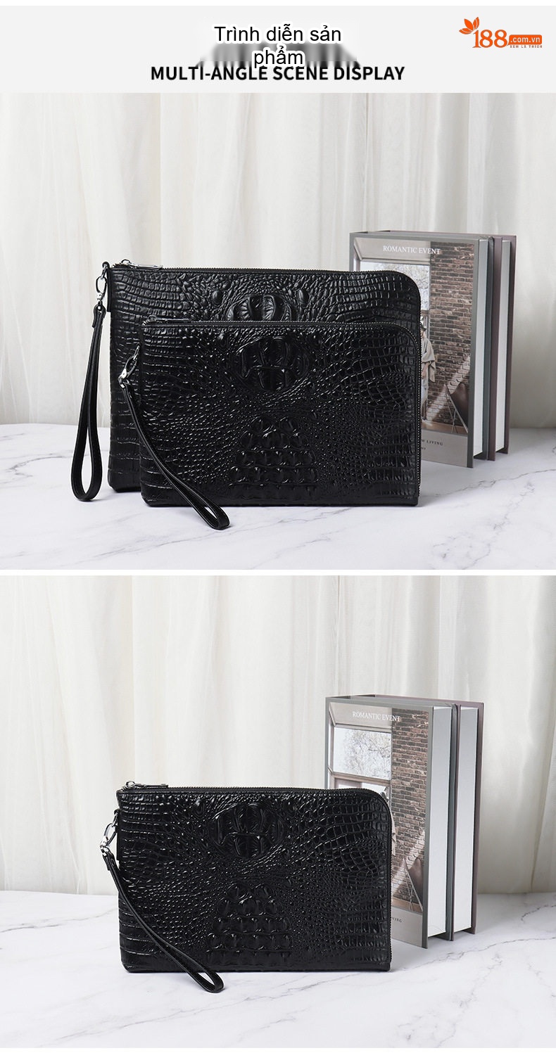 Túi Clutch Nam Da Bò Vân Cá Sấu Cầm Tay Đeo Chéo Đựng Tài Liệu Công Sở Màu Đen chi tiết 7