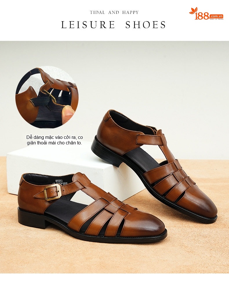 Giày Sandal Rọ Nam Da Thật Phong Cách Retro Chiều Cao Đế Khoảng 2cm Màu Đen, Nâu chi tiết 5