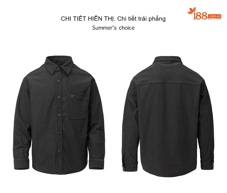 Áo Sơ Mi Nam Dài Tay Vải Cotton Nhung Gân 310g Phong Cách Retro Mỹ Form Rộng Màu Đen chi tiết 12