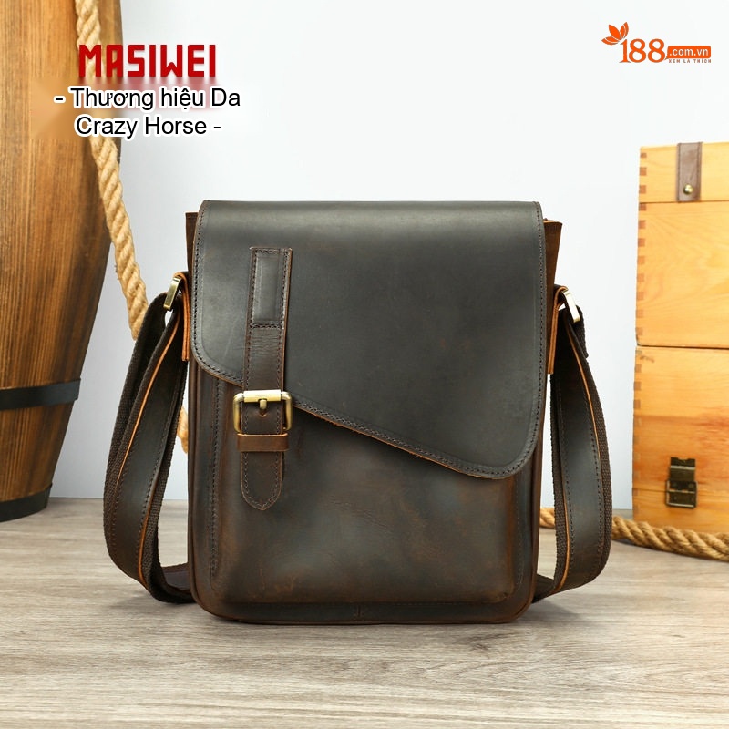 Túi Đeo Vai Nam Da Mộc Kiểu Dáng Postman Nắp Gập Cao Cấp Màu Nâu