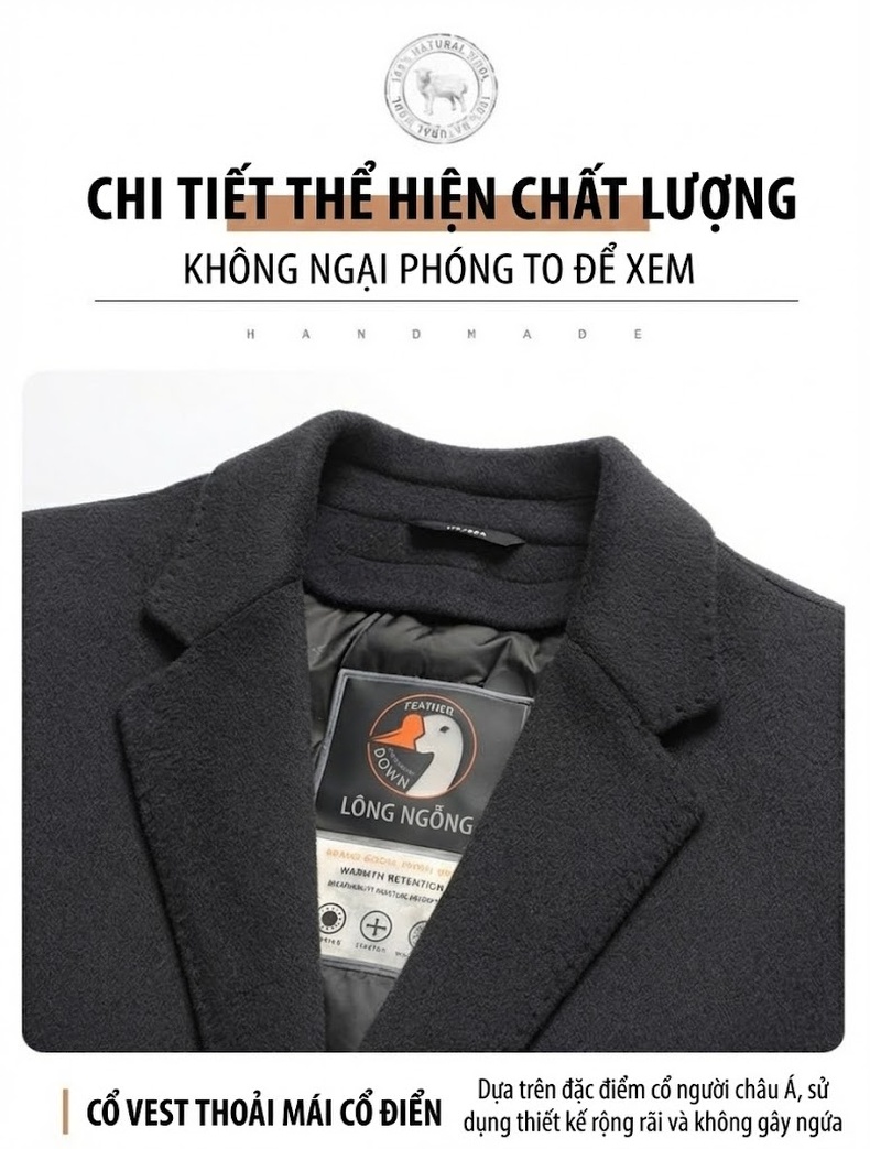Áo Khoác Dạ Nam Hai Mặt Lót Lông Vũ Có Thể Tháo Rời Màu Nâu, Đen chi tiết 16
