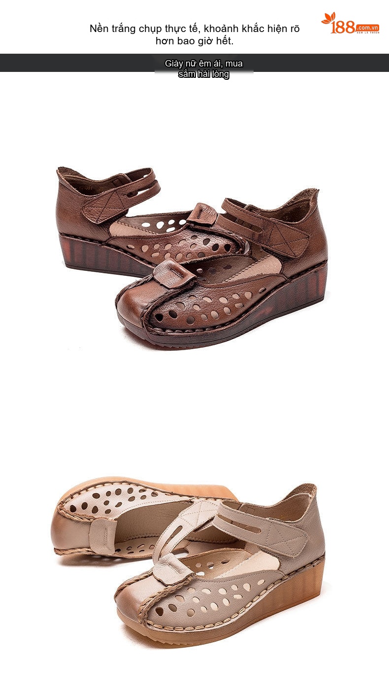 Dép Sandal Nữ Da Bò Quai Dán Hở Ngón Đế Xuồng Thoáng Khí Đế Cao 5cm - 6cm Màu Nâu, Kem chi tiết 12