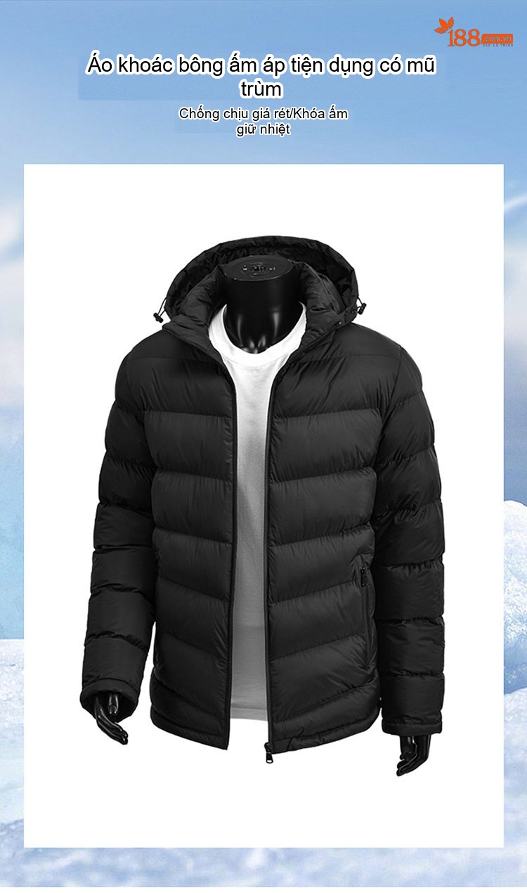 Áo Khoác Phao Nam Cotton Dáng Rộng Có Mũ Trùm Đầu Màu Xanh Olive, Đen, Xanh Navy, Xám chi tiết 1