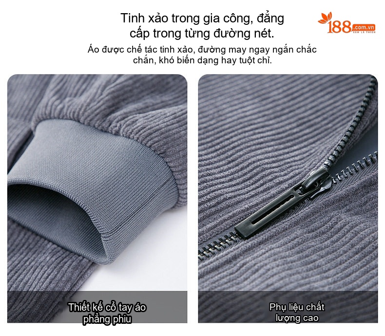 Áo Khoác Bomber Nam Vải Nhung Gân Dáng Rộng Cổ Trụ Lót Lông Màu Đen, Nâu, Xám chi tiết 7