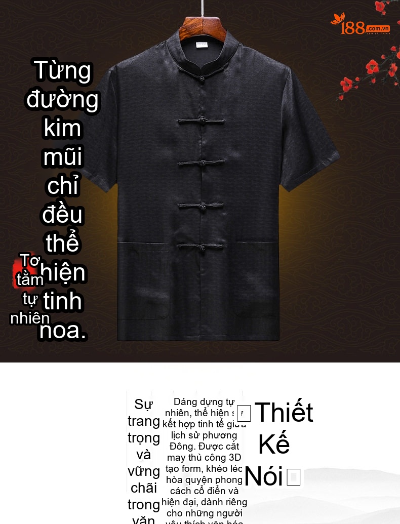 Áo Sơ Mi Tay Ngắn Nam Lụa Tơ Tằm Hương Vân Sa Cổ Điển Khuy Cài Phong Cách Trung Quốc Màu Đen chi tiết 1