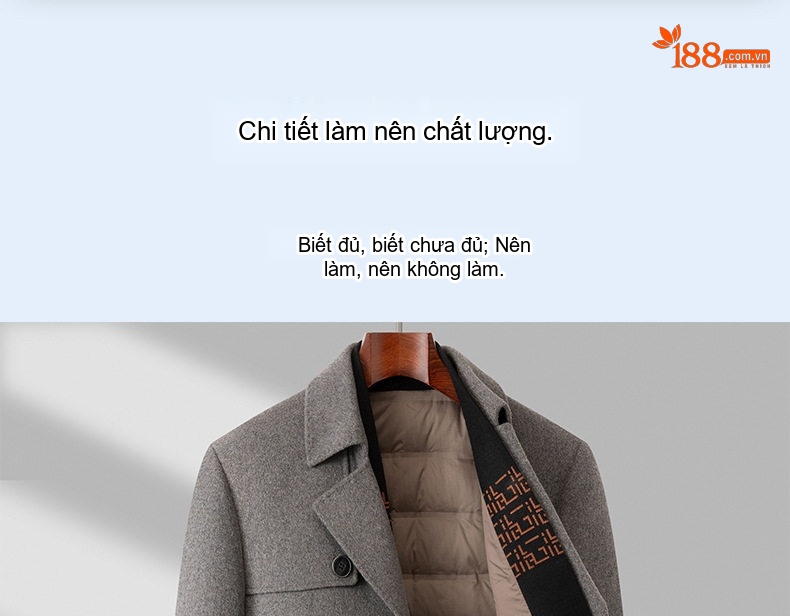 Áo Khoác Dạ Nam Lông Cừu Mỏng Cổ chữ Vest Lót Lông Vũ Tháo Rời Màu Đen, Xám, Nâu chi tiết 3