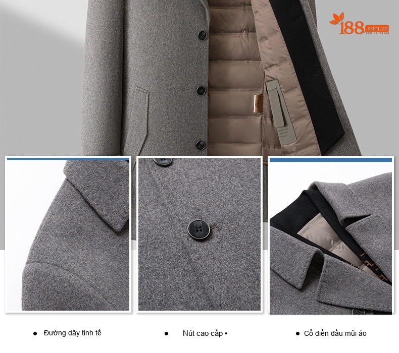 Áo Khoác Dạ Nam Lông Cừu Mỏng Cổ chữ Vest Lót Lông Vũ Tháo Rời Màu Đen, Xám, Nâu chi tiết 4