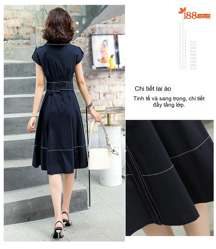 Váy Đầm Nữ Tay Ngắn dáng chữ A Chít Eo Thanh Lịch Thời Trang Hàn Quốc Màu Xanh Navy chi tiết 4
