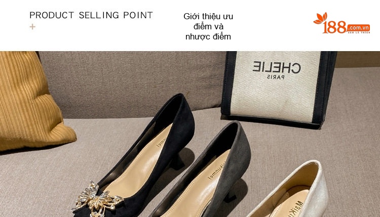 Giày Cao Gót Nữ Nỉ Chiều Cao Đế Khoảng 5cm Mũi Nhọn Gắn Đá Màu Đen, Trắng, Xám chi tiết 5