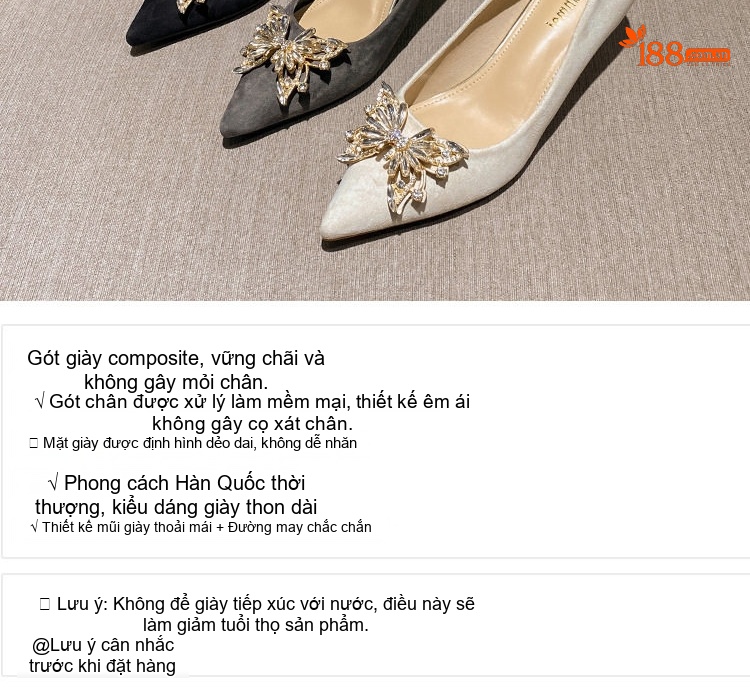 Giày Cao Gót Nữ Nỉ Chiều Cao Đế Khoảng 5cm Mũi Nhọn Gắn Đá Màu Đen, Trắng, Xám chi tiết 6