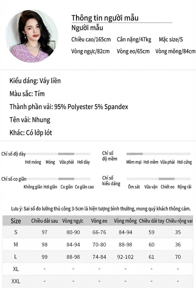 Váy liền thân Nữ Pháp V Cổ Tay Dài Ôm Body Chất Liệu Nhung Màu Tím chi tiết 2