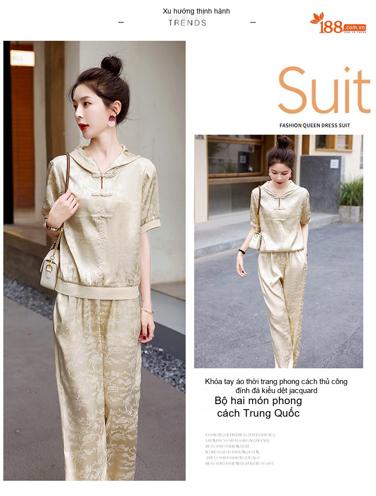 Bộ Quần Áo Nữ Họa Tiết Thêu, Cổ Tàu, Tay Ngắn Phong Cách Retro Màu Vàng, Hồng chi tiết 3