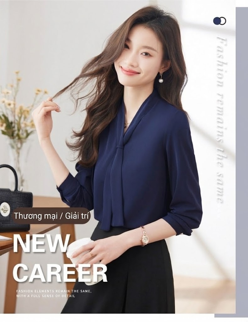 Áo Sơ Mi Nữ Cổ chữ V Chữ V Thắt Nơ Tay Dài Phong Cách Công Sở Màu Trắng, Xanh Navy chi tiết 2