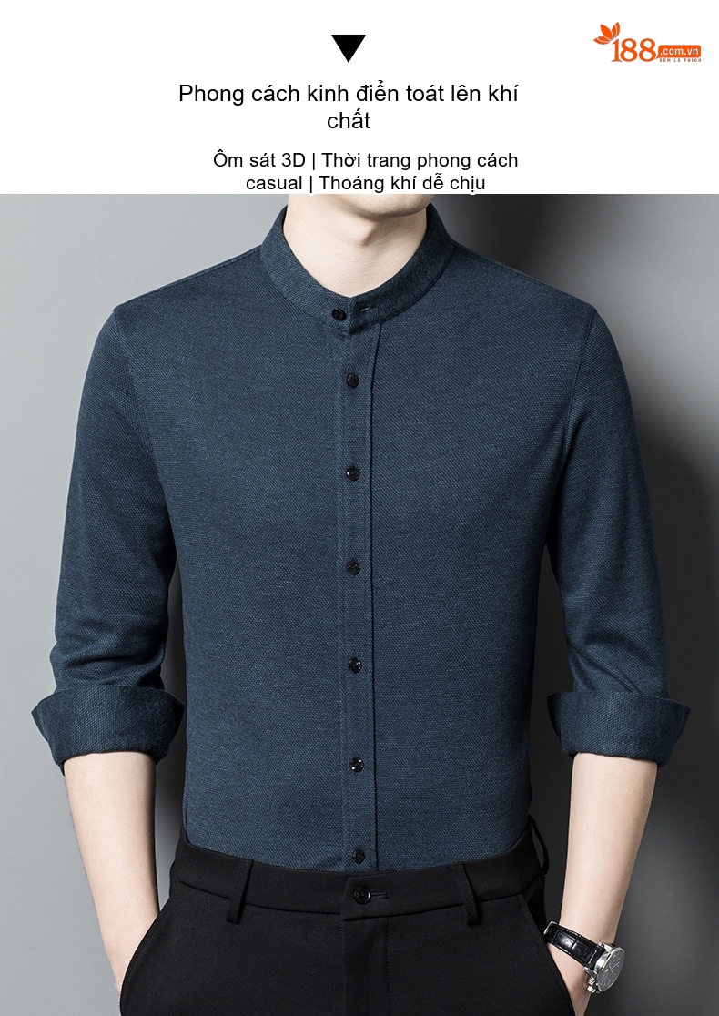 Áo Sơ Mi Nam Dài Tay Dáng Ôm Cổ Tàu Chất Liệu Lông Dê Cashmere Không Nhăn Màu Xám, Xanh chi tiết 1