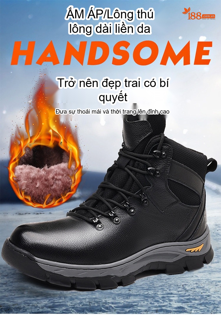 Giày Boot Nam Cao Cổ Da Thật Lót Lông Giữ Ấm Chiều Cao Đế Khoảng 4cm Màu Đen chi tiết 1