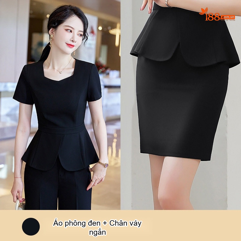 Bộ Set Áo Peplum Quần Ống Rộng Công Sở Thanh Lịch Màu Đen, Xanh Navy