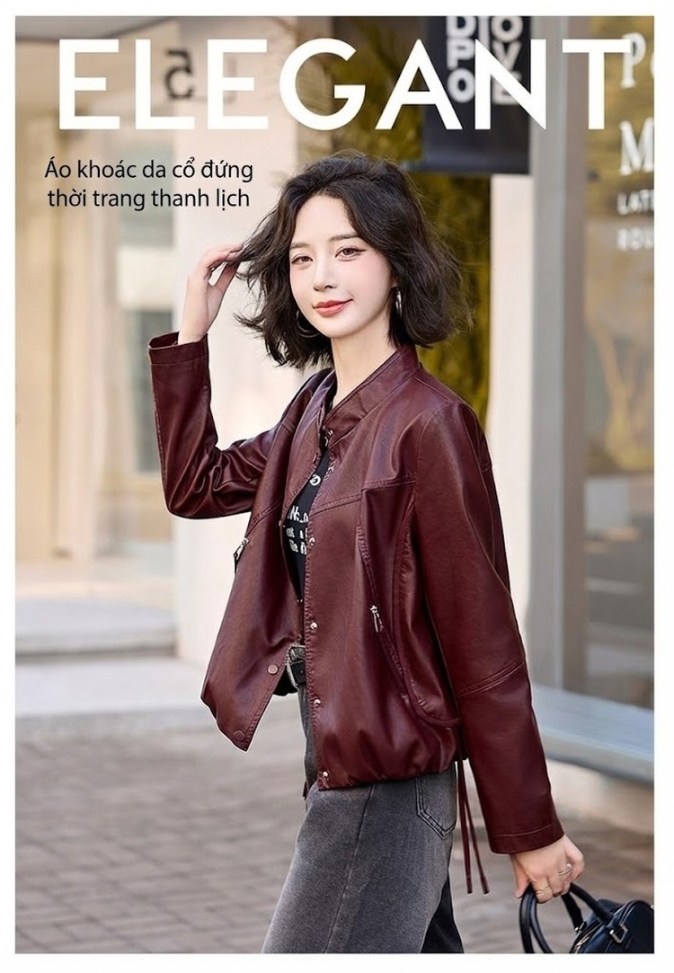 Áo Khoác Bomber Nữ Da PU Dáng Ngắn Thời Trang Màu Đen, Đỏ Rượu chi tiết 2