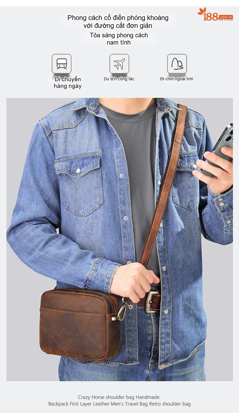 Túi Đeo Chéo Nam Da Thật MaraLete, Túi Đựng Ipad, Clutch Cầm Tay Da Thật Màu Nâu chi tiết 3