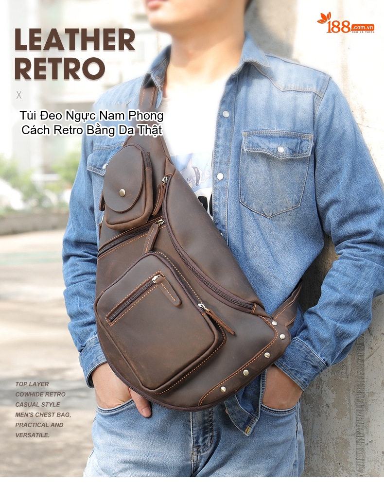 Túi Đeo Ngực Nam Da Bò Crazy Horse Phong Cách Retro chi tiết 1