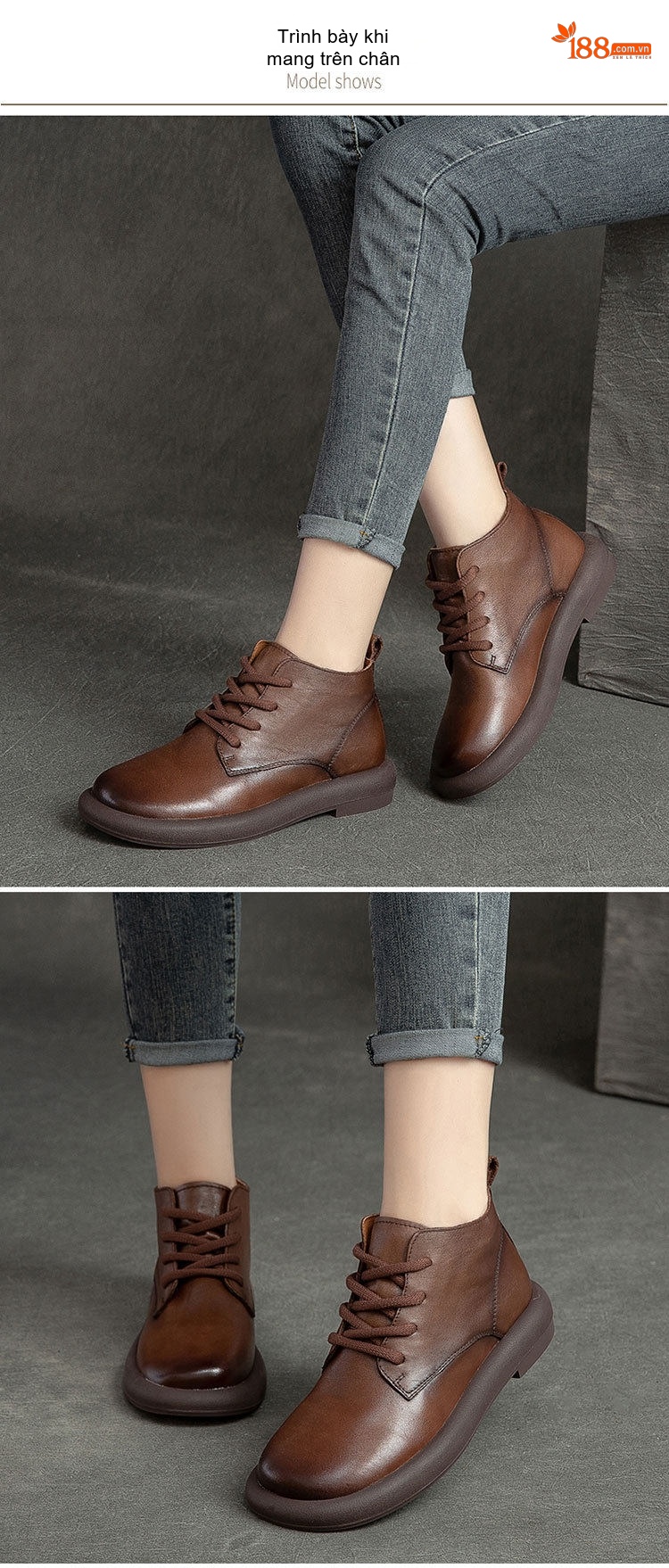 Giày Boot Nữ Cổ Ngắn Da Bò Mũi Tròn Buộc Dây Chiều Cao Đế Khoảng 3cm Màu Nâu, Đen chi tiết 8