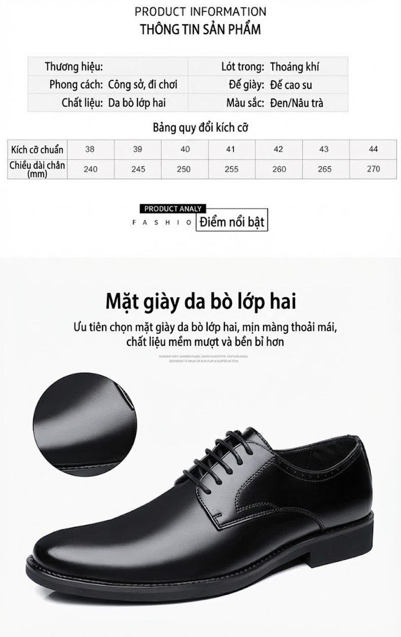 Giày Tây Buộc Dây Nam Da Bóng Chiều Cao Đế Khoảng 3cm Màu Đen, Nâu chi tiết 5
