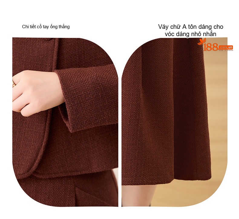 Set Áo Khoác Lửng Tay Dài Vải Flanel Chần Bông Và Chân Váy Midi Phong Cách Tiểu Thư Màu Nâu Đỏ, Xanh Rêu chi tiết 10