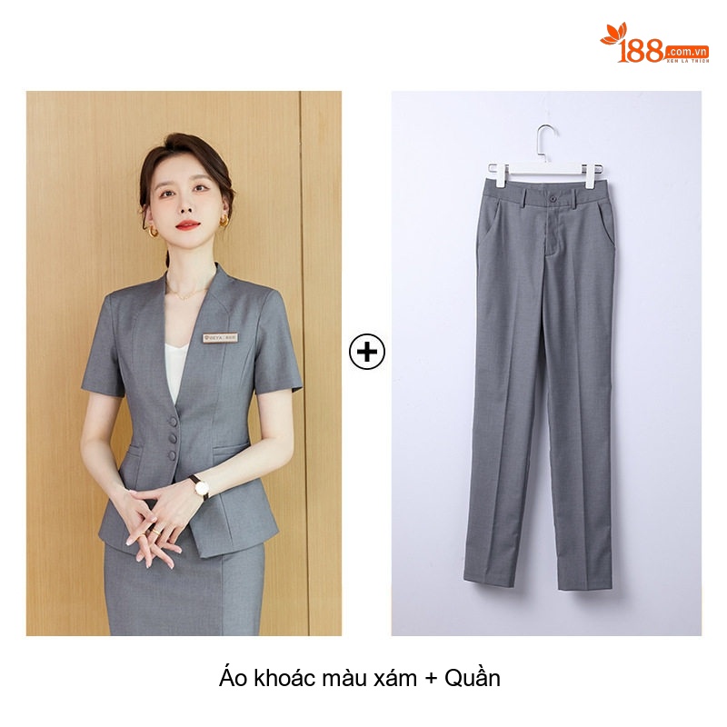 Bộ Vest Công Sở Nữ Tay Ngắn Cao Cấp, Sang Trọng Màu Xám, Xanh Navy