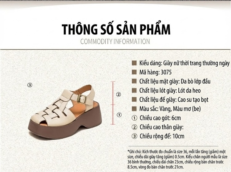 Dép Sandal Nữ Da Mờ Quai Hậu Đế Xuồng Đế Cao 5cm - 6cm Màu Nâu, Kem chi tiết 2