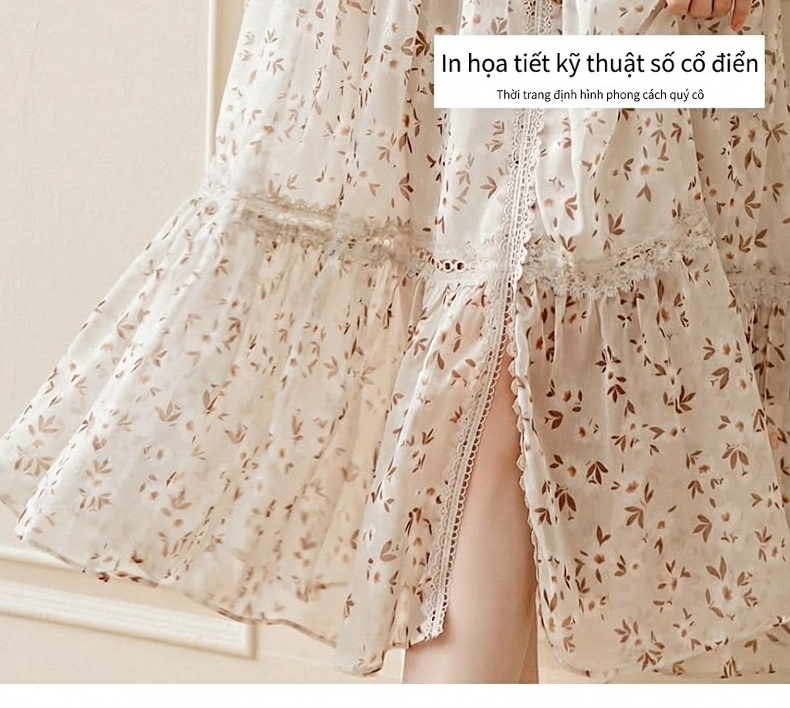 Váy Liền Thân Dáng Dài Tay Dài Tiểu Thư Họa Tiết Hoa Nhỏ Phong Cách Pháp Thanh Lịch chi tiết 4