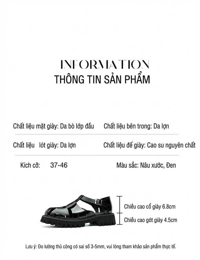 Sandal Rọ Nam Da Bóng Đế Dày Chiều Cao Đế Khoảng 3cm Màu Đen chi tiết 7