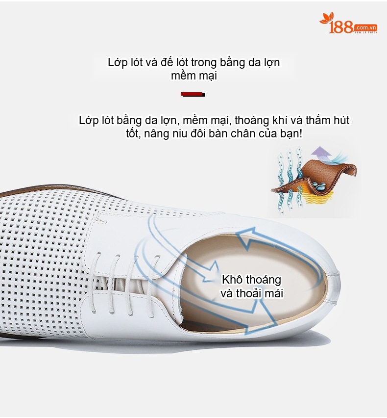 Giày Tây Buộc Dây Nam Da Bò Lỗ Thoáng Chiều Cao Đế Khoảng 3cm Màu Trắng chi tiết 12