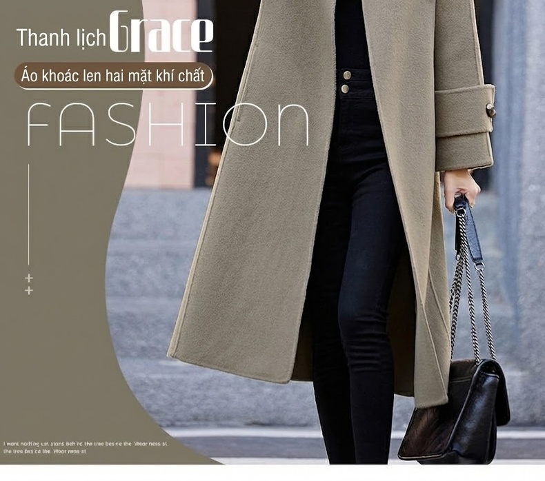 Áo Khoác Dạ Nữ Dáng Dài Vừa Thu Đông 2023 Phong Cách Hepburn Thắt Eo Khuy Cài Màu Be, Xanh, Hồng, Nâu chi tiết 2