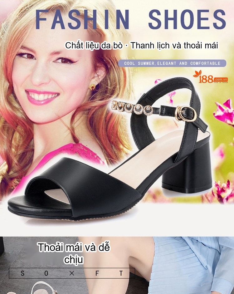 Dép Sandal Nữ Quai Hậu Đế Vuông Da Mềm Chống Trượt Đế Cao 5cm - 6cm Màu Trắng, Đen, Kem chi tiết 1