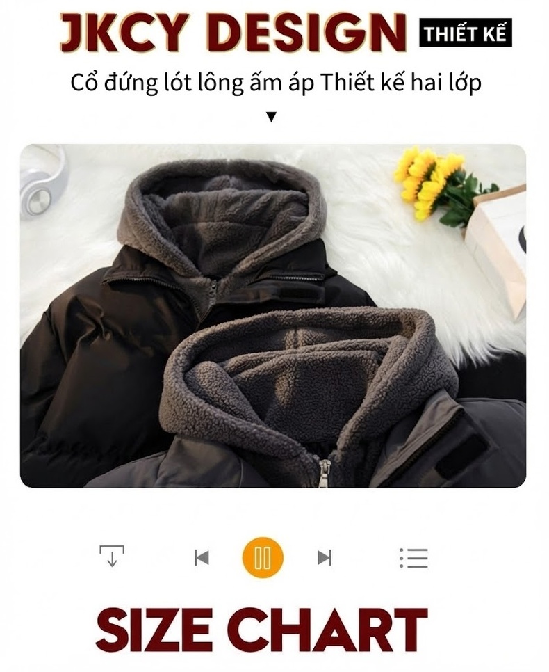 Áo Khoác Cotton Nam Dáng Rộng Giả Hai Lớp Lông Cừu Non Có Mũ Trùm Đầu Màu Kem, Đen chi tiết 2