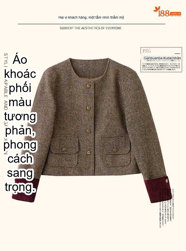 Áo Khoác Lửng Nữ Phong Cách Tiểu Thư Chất Liệu Mao Nỉ Tay Lật Cổ Tròn Màu Xám, Nâu chi tiết 7