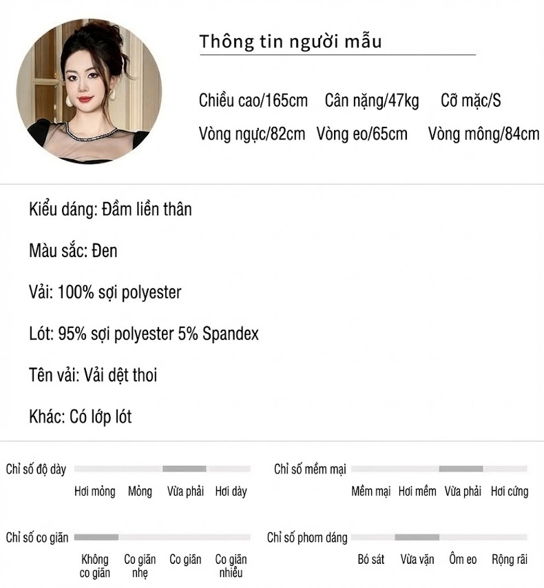 Váy liền thân Nữ Tay Dài Cổ Tròn Lưới Ren Xếp Ly Eo Bồng Phong Cách Tiểu Thư Màu Đen chi tiết 2