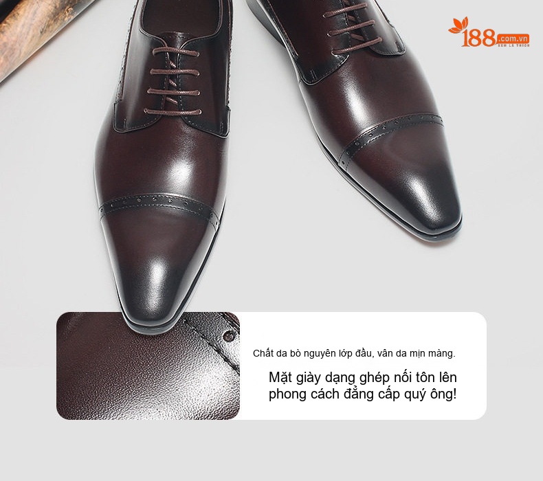 Giày Tây Buộc Dây Nam Da Bóng Ba Lỗ Chiều Cao Đế Khoảng 3cm Màu Đen, Nâu chi tiết 7