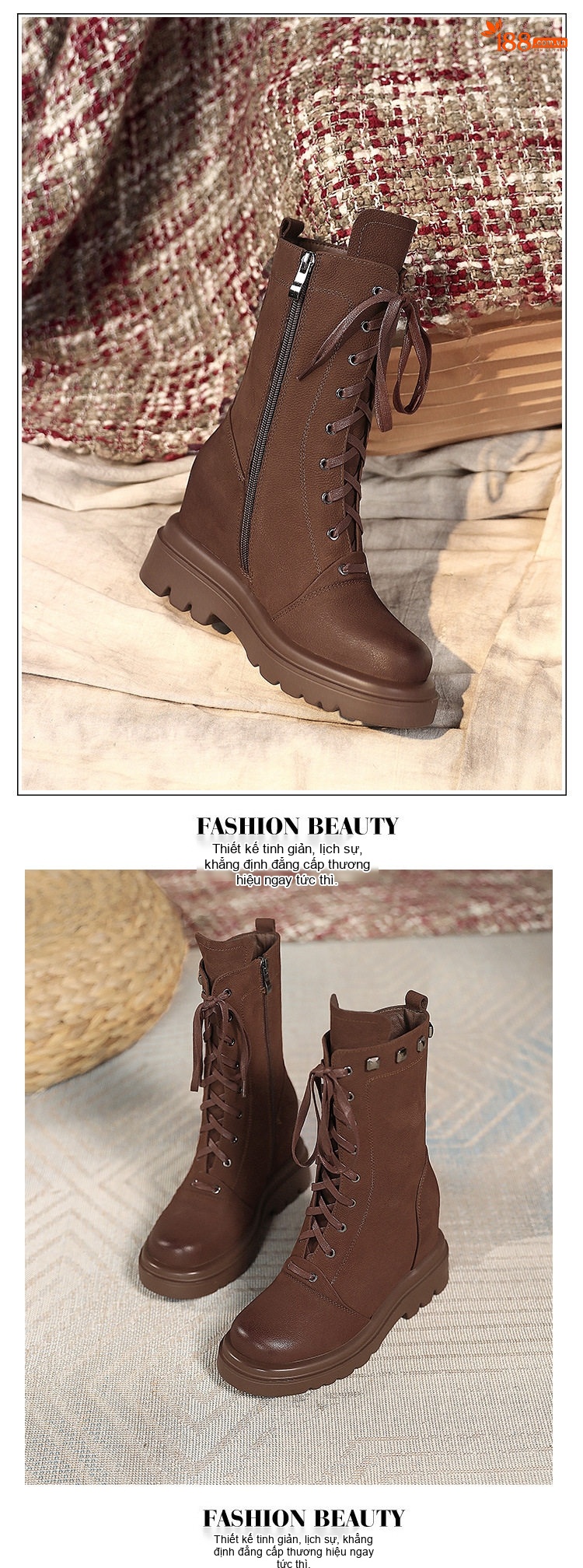 Boot Nữ Cổ Ngắn Đế Xuồng Dây Buộc Phong Cách Anh Quốc Chiều Cao Đế 10cm Màu Nâu, Đen chi tiết 2