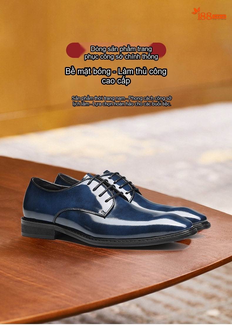 Giày Tây Buộc Dây Nam Da Bò Chiều Cao Đế Khoảng 3cm Màu Nâu, Đen, Xanh Dương chi tiết 1