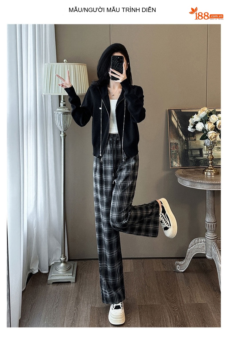 Set Bộ Áo Khoác Lửng Nữ Quần Ống Rộng Caro Phong Cách Trẻ Trung Màu Đen, Xám chi tiết 8
