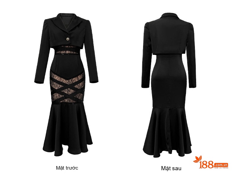 Set Áo Vest Ngắn Tay Dài và Đầm Dây Rút Eo Dáng Đuôi Cá Phong Cách Quý Cô Màu Đen chi tiết 8