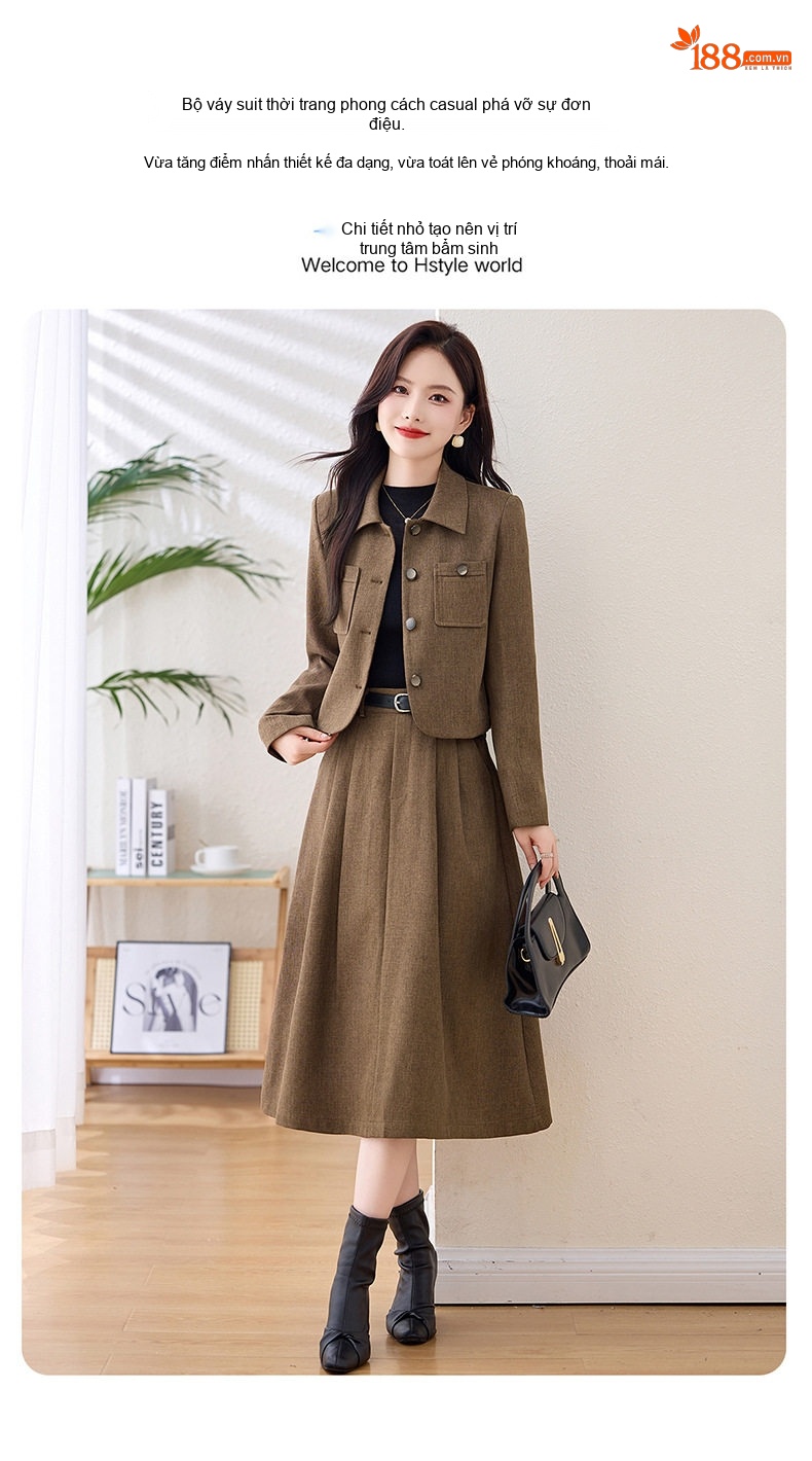 Set Áo Khoác Lửng và Chân Váy Midi Nữ Tính Thu Đông Kèm Thắt Lưng Màu Nâu chi tiết 4