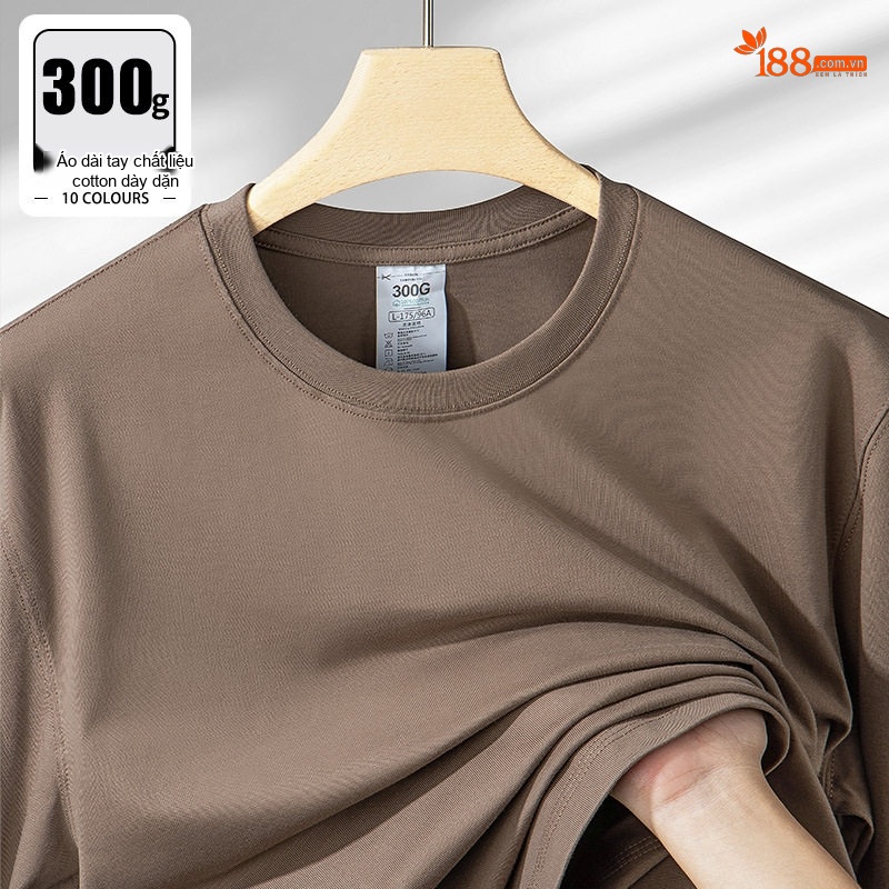 Áo Thun Tay Dài Nam Cotton 300g Cổ Tròn Màu Nâu, Xám, Trắng, Đen...