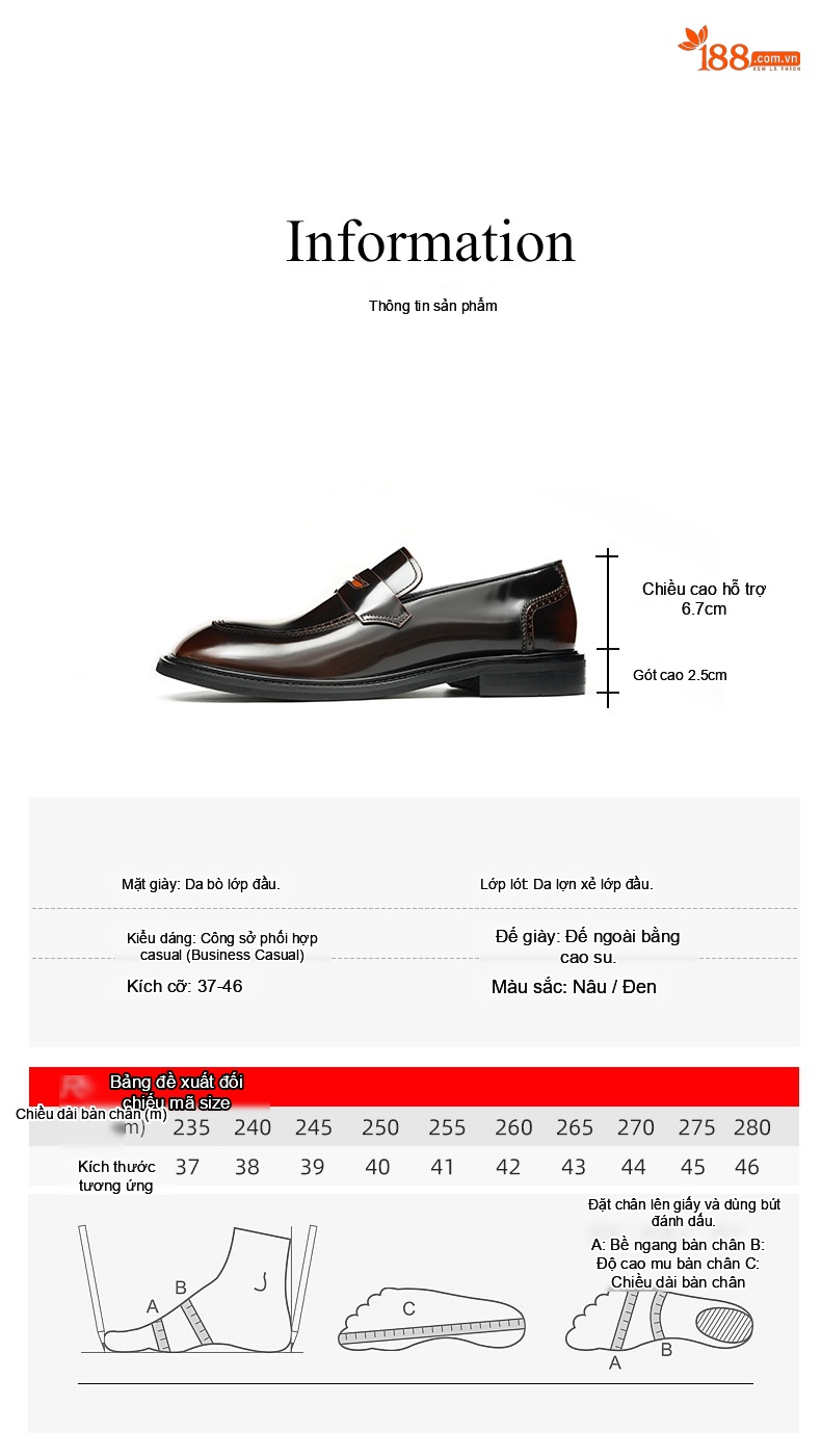 Giày Lười Nam Da Bò Mũi Vuông Da Bóng Chiều Cao Đế Khoảng 3cm Màu Đen, Nâu chi tiết 5