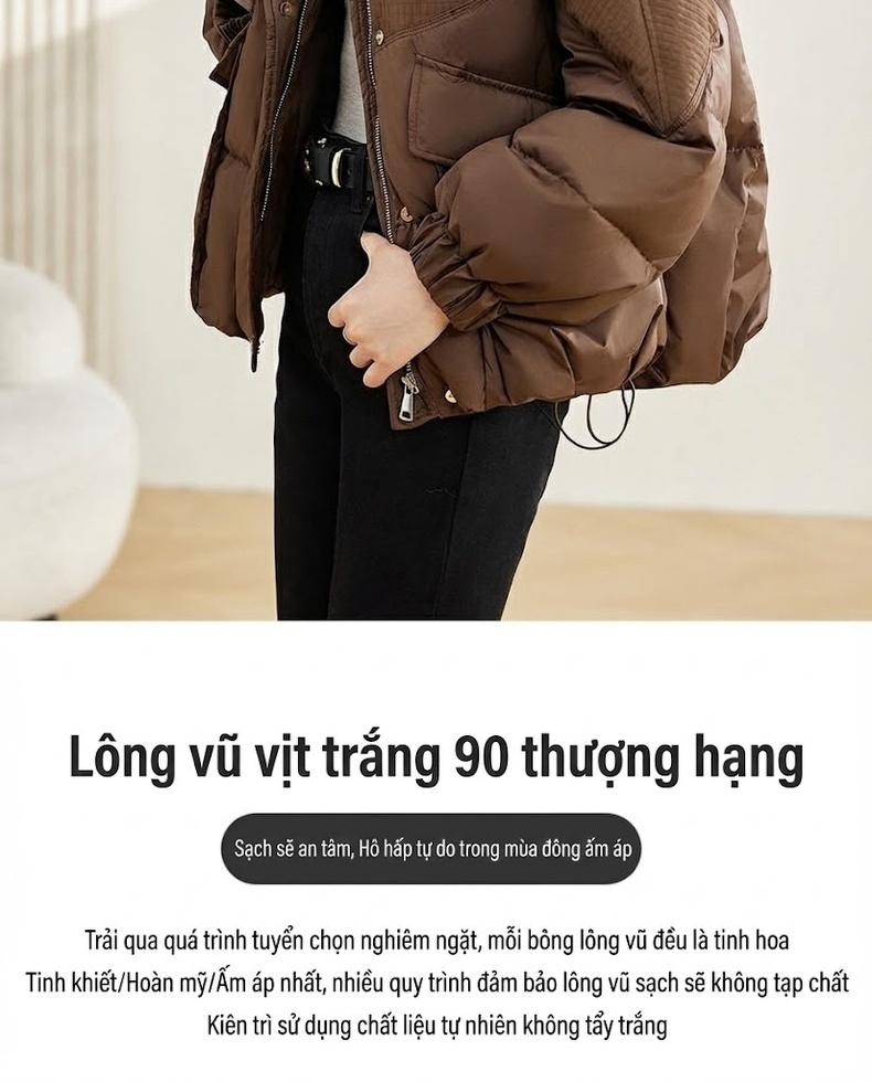 Áo Phao Nữ Ngắn Tay Phồng 90% Lông Vịt Trắng Dáng Hàn Quốc Giữ Ấm Màu Nâu, Đen, Xanh Bạc Hà chi tiết 5