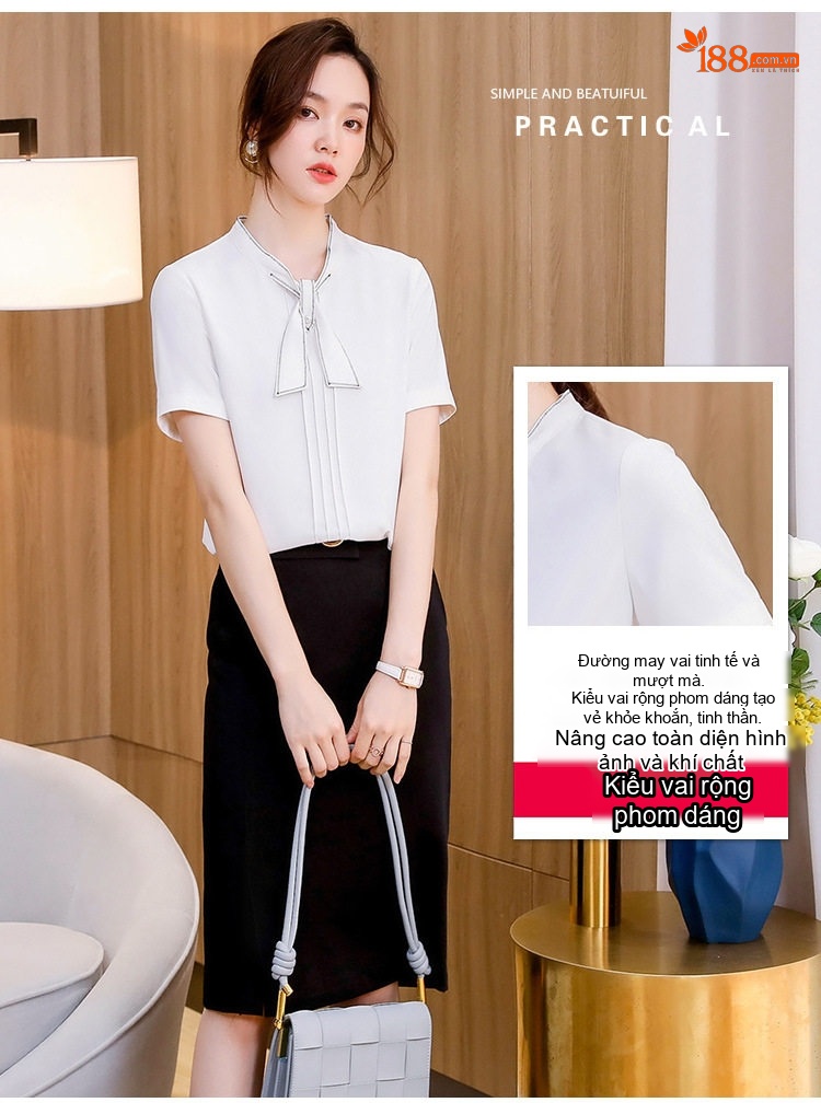 Áo Sơ Mi Nữ Tay Ngắn Cổ Nơ Voan Kiểu Pháp Công Sở Màu Trắng, Xanh chi tiết 6