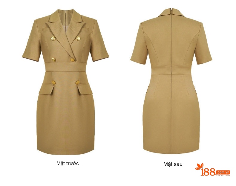 Váy Đầm Công Sở Nữ Tay Ngắn Cổ chữ Vest Hai Hàng Khuy Ôm Dáng Màu Đen, Nâu, Kem chi tiết 7