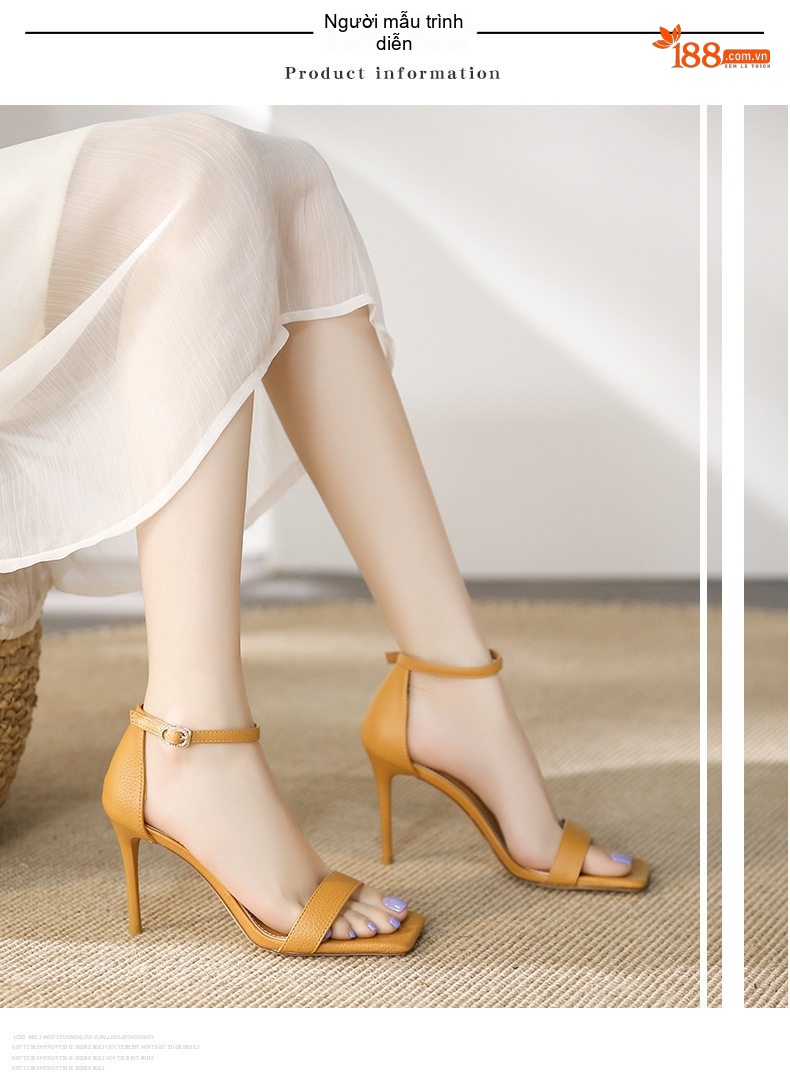 Giày Sandal Cao Gót Nữ Hở Ngón Da Mềm Quai Mảnh Gót Cao 8cm Màu Đen, Trắng, Vàng chi tiết 7