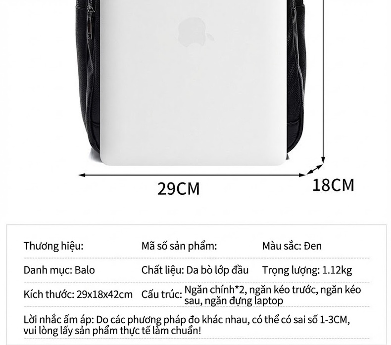 Balo Laptop Nam Da Bò Dung Lượng Lớn Đựng Đồ Du Lịch Ngắn Ngày Màu Đen chi tiết 17