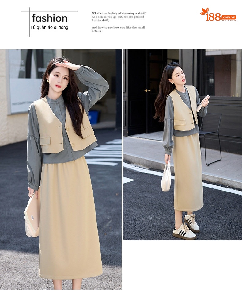 Set Bộ Vest Gile Nữ Áo Dài Tay Chân Váy Midi Thanh Lịch Màu Đen, Be, Xanh Olive chi tiết 32